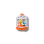 Jaula de juguete con pájaro amarillo y accesorios multicolores, base naranja y rejilla blanca, ideal para estimular el lenguaje infantil.