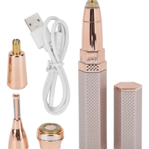 Trimer recargable en color rosa dorado con cuatro cabezales intercambiables para perfilado de cejas, barba y vello corporal, junto con cable USB y estuche protector.