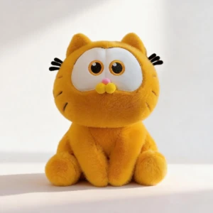 Peluche Garfield amarillo sentado, con ojos grandes y orejas puntiagudas, textura suave y detalles faciales bordados.