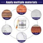 Set de sellador impermeable transparente para grietas, con muestra de aplicación en madera, ladrillo, concreto, cerámica, techo y mármol. Incluye bote y brocha.