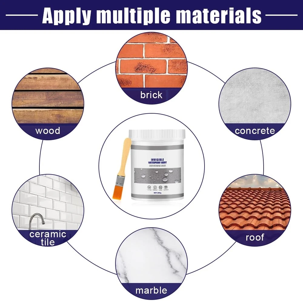Set de sellador impermeable transparente para grietas, con muestra de aplicación en madera, ladrillo, concreto, cerámica, techo y mármol. Incluye bote y brocha.