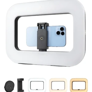 Aro de luz rectangular blanco con soporte para smartphone, mostrando variante en negro y tres colores adicionales: blanco, beige y madera.
