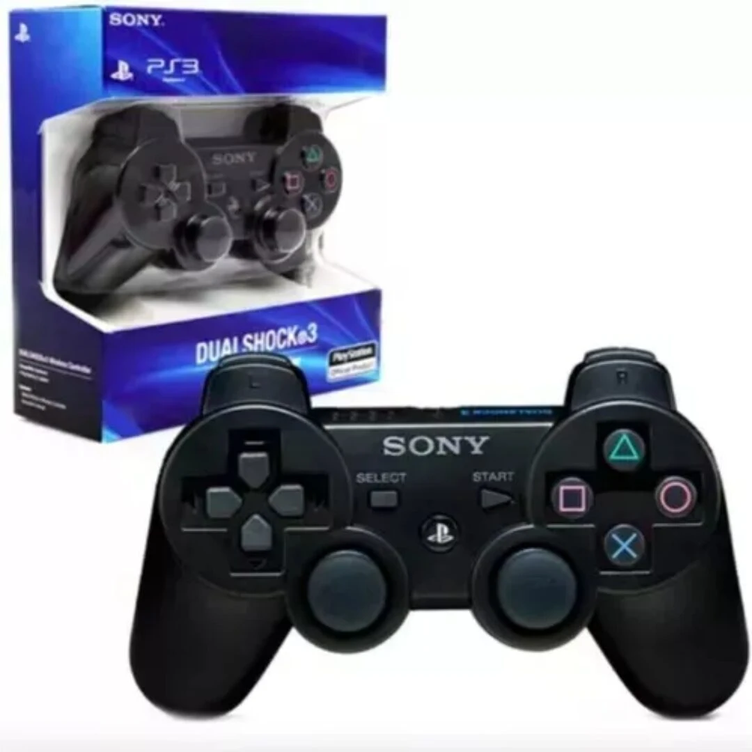 Control inalámbrico negro para PlayStation 3, mostrado junto a su empaque original con la marca Sony y el modelo DualShock 3.