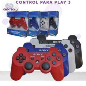 Control inalámbrico para PlayStation 3 en colores rojo, azul, blanco y negro, mostrado en primer plano y en su empaque original.
