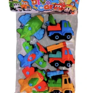 Paquete de seis vehículos de juguete en colores vivos, con tornillos plásticos para ensamblar, ideal para niños mayores de tres años.