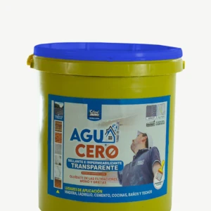 Bandeja amarilla con tapa azul de impermeabilizante transparente Agu Cero, etiqueta frontal con de aplicación en muros y pisos.