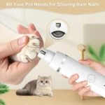 Corta uñas eléctrica blanca para mascotas, en uso sobre patita de gato, con detalle de la cuchilla y botón de encendido.
