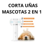 Corta uñas eléctrica blanca para mascotas, con cabezal intercambiable y guía de tamaño, diseñada para uso silencioso y cómodo en perros y gatos.