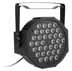Foco LED PAR negro con panel circular de 25 diodos emisores y mango de transporte, ideal para eventos y escenarios.