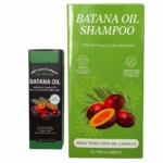 Shampoo Batana Oil con extracto de romero, en caja verde con de frutos y hojas, junto a su envase negro de 300 ml.