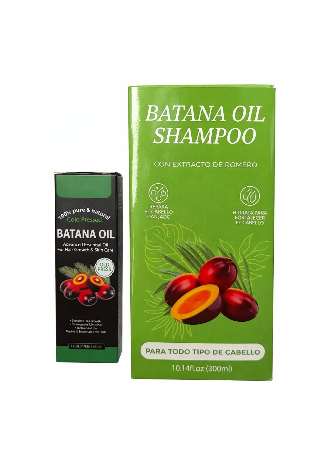 Shampoo Batana Oil con extracto de romero, en caja verde con de frutos y hojas, junto a su envase negro de 300 ml.