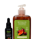 Shampoo Batana Oil en botella transparente con etiqueta verde y gotero negro al lado, sobre fondo oscuro.