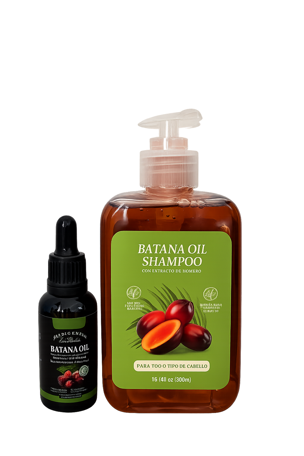 Shampoo Batana Oil en botella transparente con etiqueta verde y gotero negro al lado, sobre fondo oscuro.