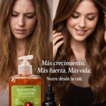 Shampoo Batana Oil con extracto de romero, presentación transparente con etiqueta verde y naranja, acompañado de ampolla de aceite batana. Antes y después de uso: cabello más grueso, brillante y con volumen.