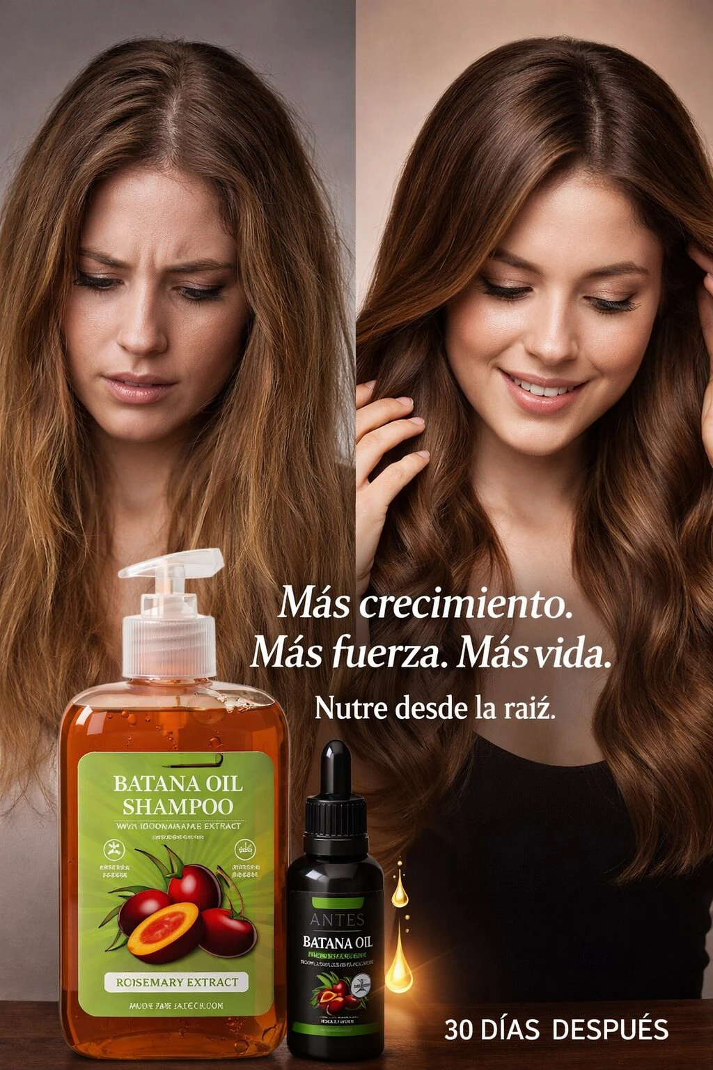 Shampoo Batana Oil con extracto de romero, presentación transparente con etiqueta verde y naranja, acompañado de ampolla de aceite batana. Antes y después de uso: cabello más grueso, brillante y con volumen.