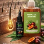 Shampoo Batana Oil con extracto de romero en botella transparente con dispensador, acompañado de aceite Batana Oil en frasco oscuro con cuentagotas, sobre madera con hojas y frutos de romero; muestra crecimiento capilar desde la raíz.