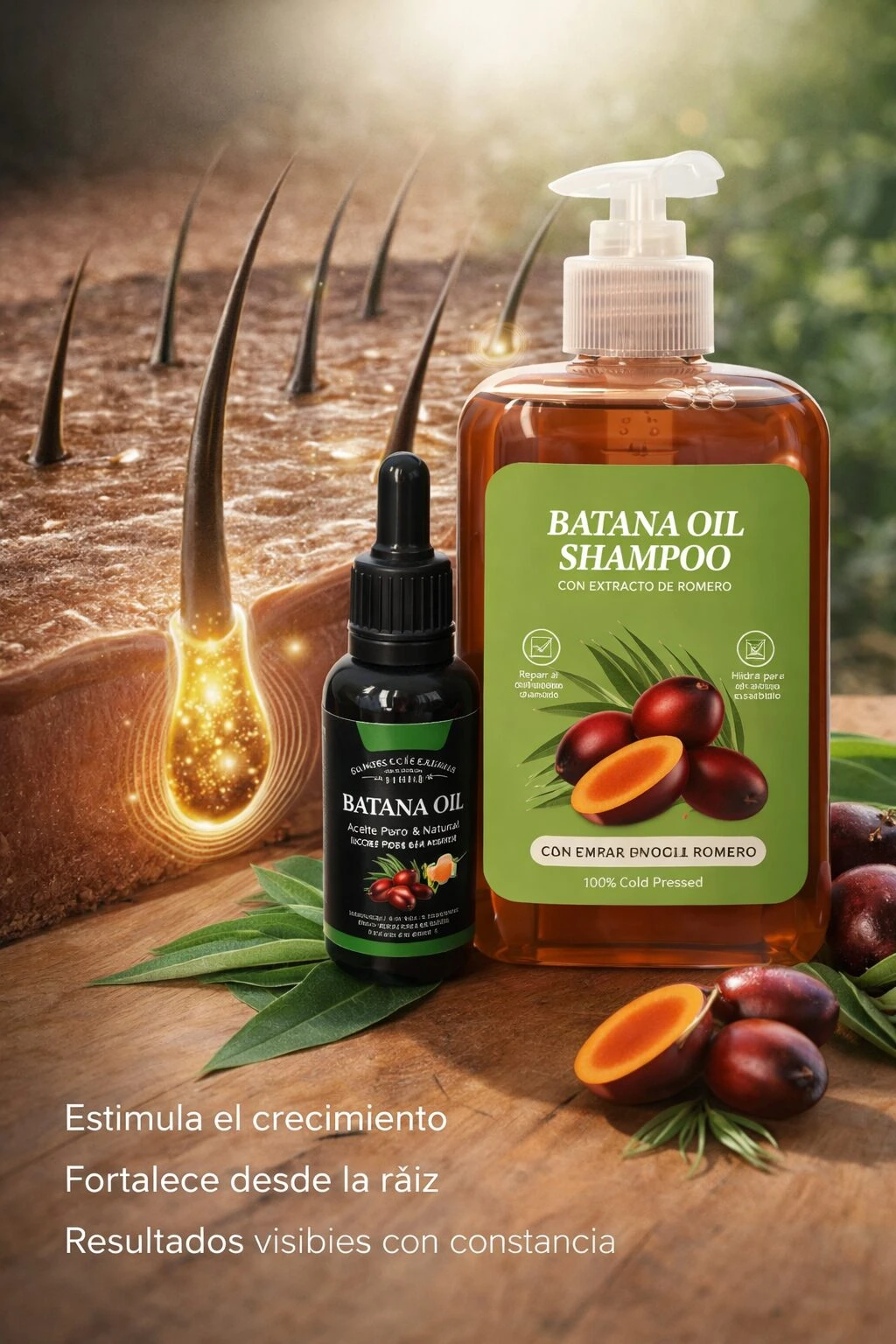 Shampoo Batana Oil con extracto de romero en botella transparente con dispensador, acompañado de aceite Batana Oil en frasco oscuro con cuentagotas, sobre madera con hojas y frutos de romero; muestra crecimiento capilar desde la raíz.