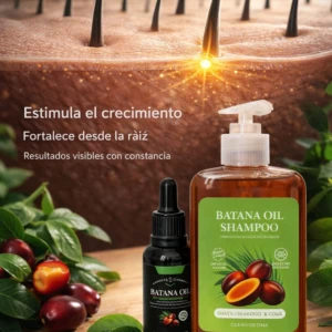 Shampoo Batana Oil con dispensador blanco y aceite en frasco oscuro, sobre madera con frutos y hojas; fondo de cuero con raíces iluminadas.