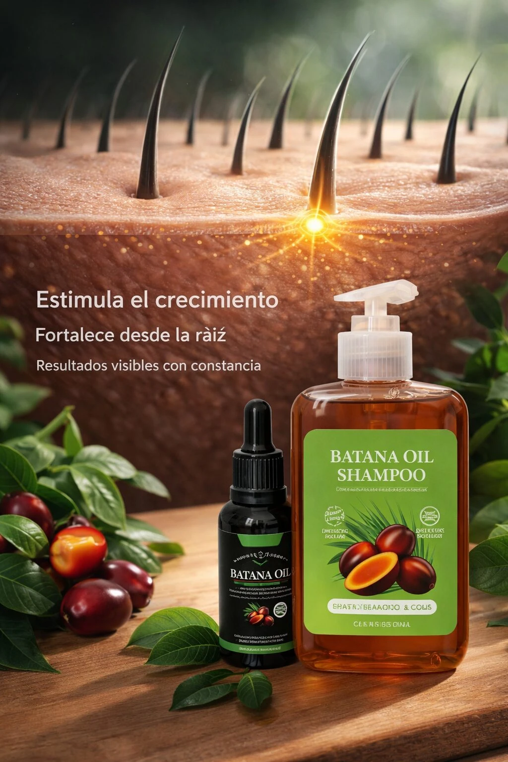 Shampoo Batana Oil con dispensador blanco y aceite en frasco oscuro, sobre madera con frutos y hojas; fondo de cuero con raíces iluminadas.