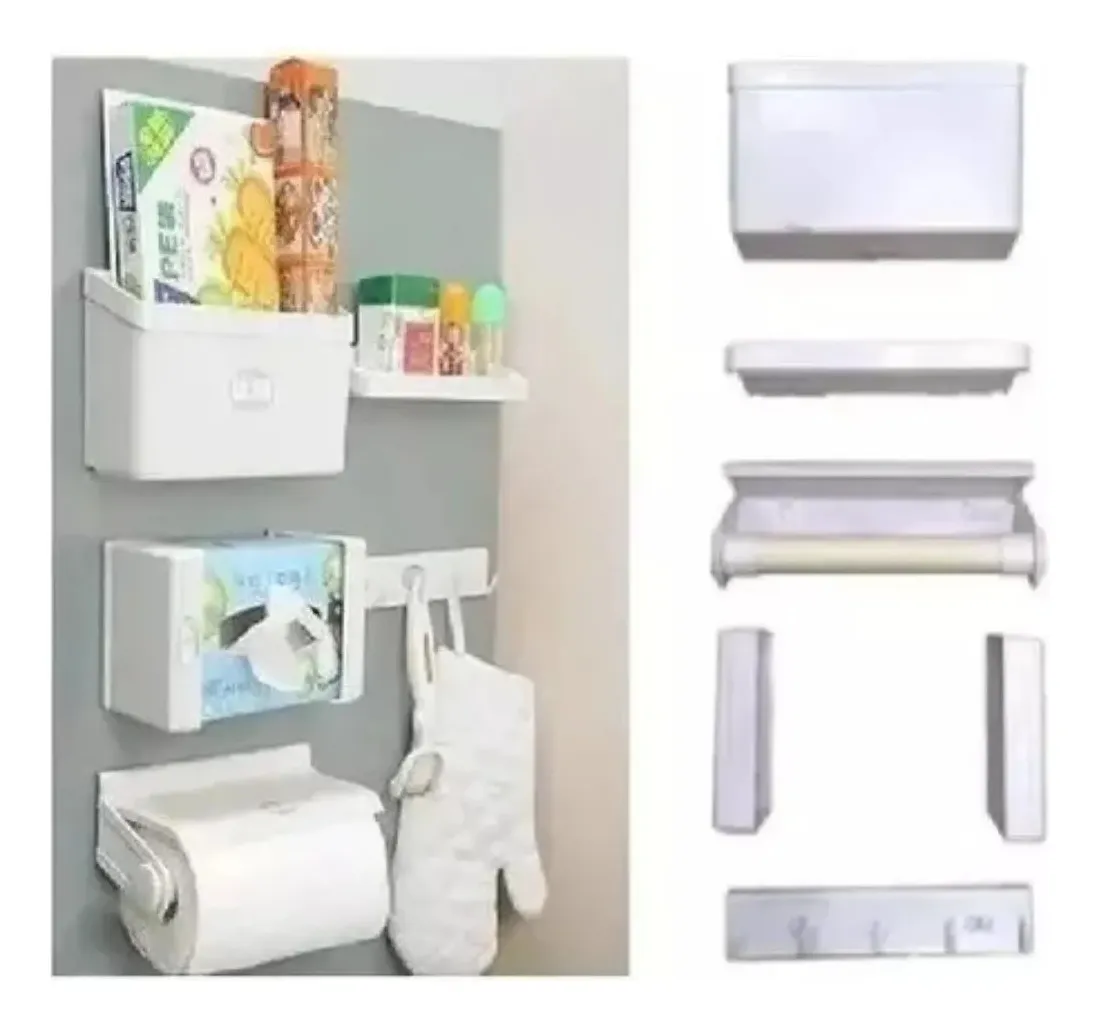 Dispensador magnético blanco de cinco piezas para nevera, con organizadores de especias, toallas y utensilios, montado en superficie gris.