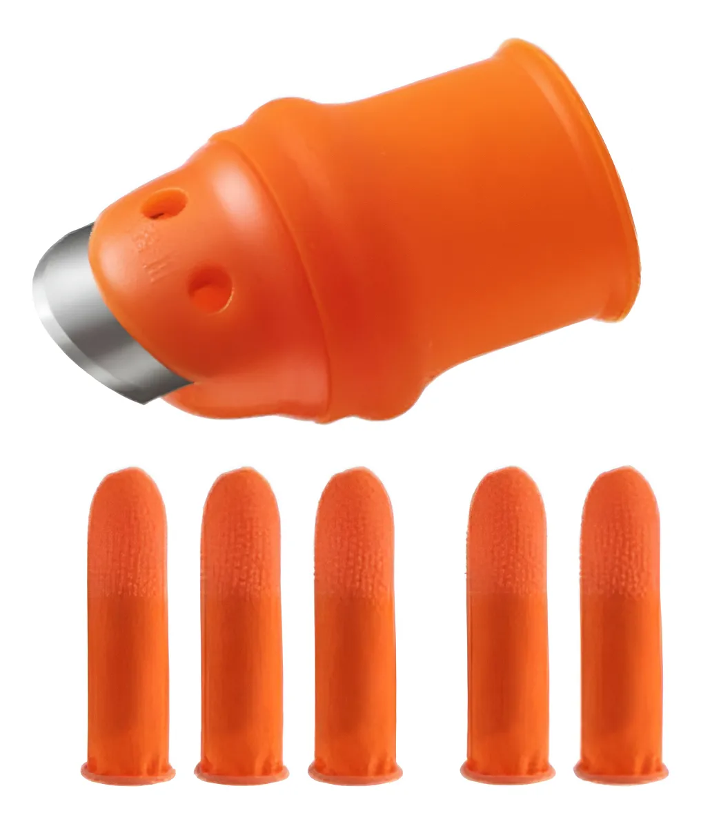 Guante cortador naranja con punta de acero inoxidable y cinco tapones de silicona incluidos, para proteger manos al cortar frutas y verduras.
