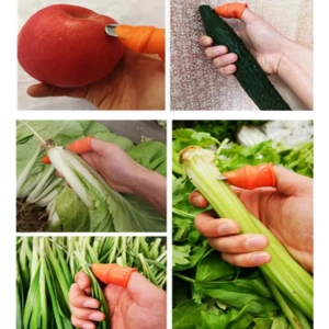 Guante cortador naranja con hoja de acero inoxidable en uso con manzana, pepino, lechuga, apio y cebollín fresco.