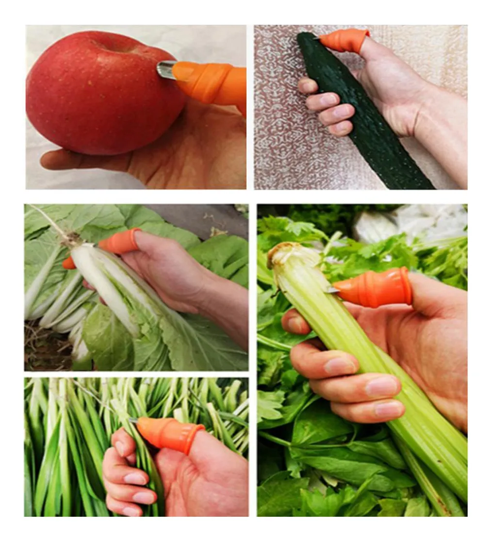 Guante cortador naranja con hoja de acero inoxidable en uso con manzana, pepino, lechuga, apio y cebollín fresco.