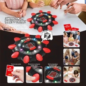 Juego de reacción digital con panel LED y botones rojos, en uso por varias personas alrededor de mesa. Incluye tarjetas y luces multicolores.