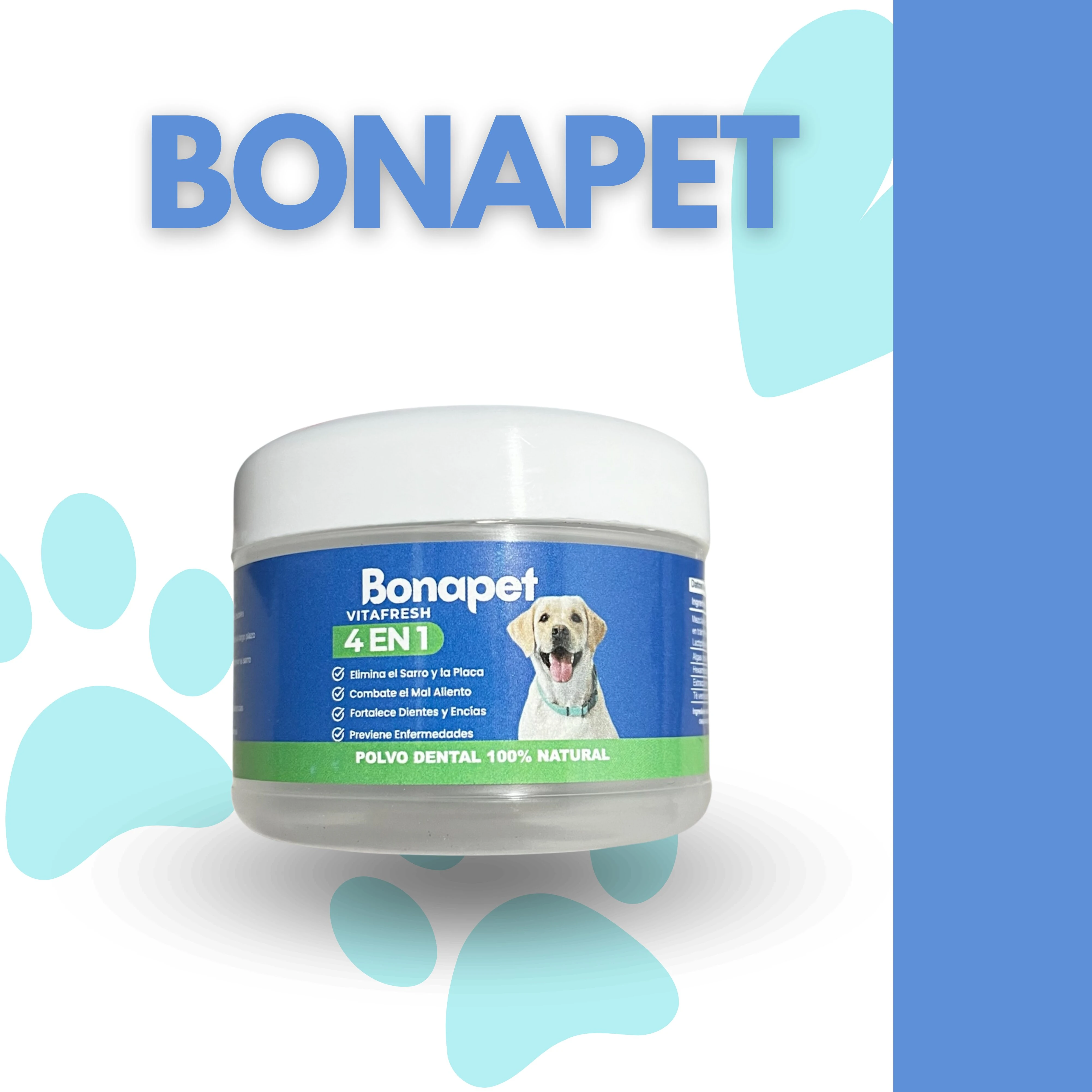 Contenedor de polvo dental Bonapet Vitafresh 4 en 1 para perros y gatos, con etiqueta azul y de perro sonriente.