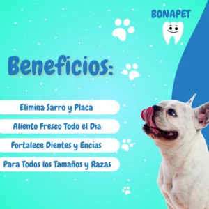 Bonapet Vitafresh Polvo Dental 4 en 1: perro blanco lamiendo la lengua, texto con beneficios como eliminar sarro y aliento fresco.