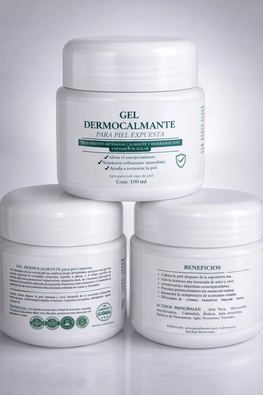 Set de dos frascos blancos de 100 ml de gel dermocalmante para piel expuesta, con tapa rosada y etiquetas que detallan beneficios y composición.