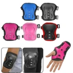 Kit de protección para patinaje infantil talla S, incluye rodilleras, coderas y guantelete en colores azul, negro, rosa, fucsia y rojo, con detalles en malla y cierres de velcro.