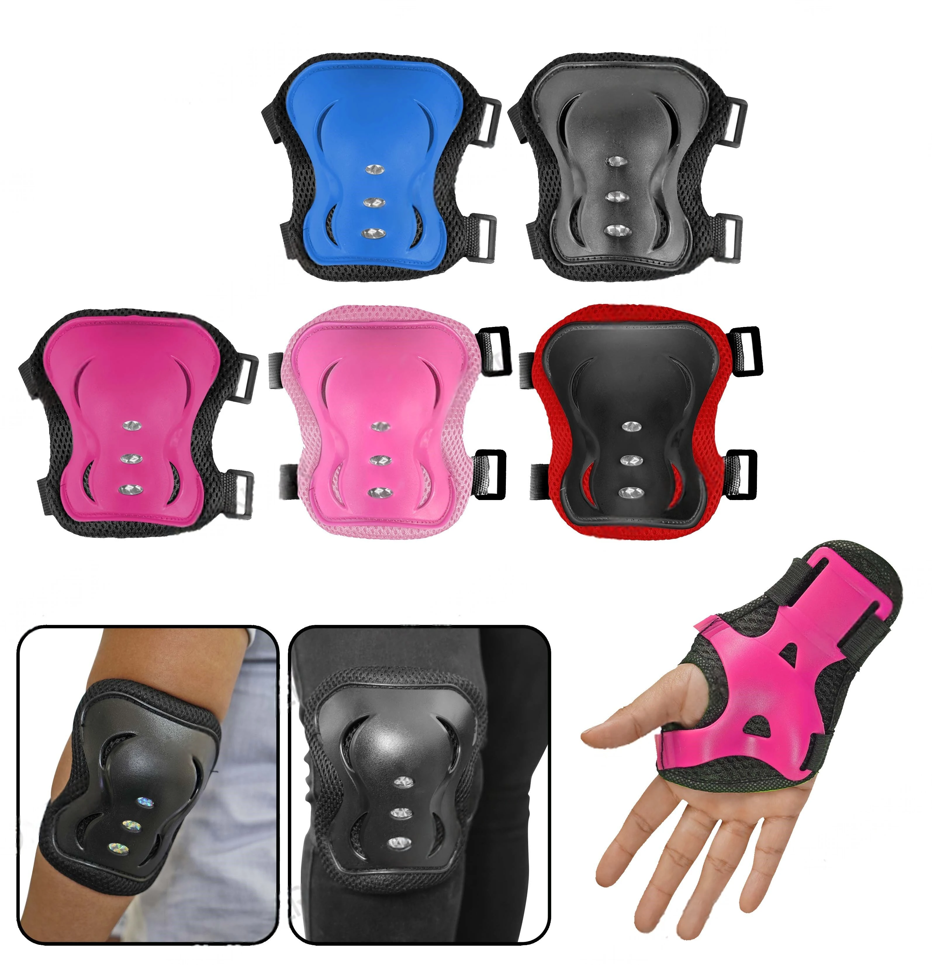 Kit de protección para patinaje infantil talla S, incluye rodilleras, coderas y guantelete en colores azul, negro, rosa, fucsia y rojo, con detalles en malla y cierres de velcro.