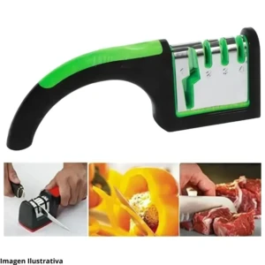 Afilador de cuchillos profesional con mango ergonómico negro y verde, tres ranuras de ajuste y base metálica. Incluye demostraciones de uso con vegetales y carne.