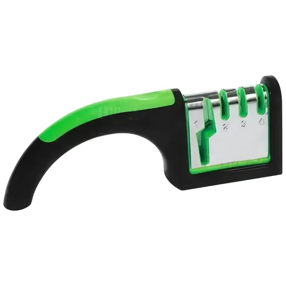 Afilador de cuchillos profesional con mango ergonómico negro y verde, tres ranuras de ajuste y base metálica para afilado preciso.