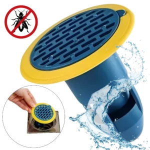 Válvula tapón antiinsectos azul con borde amarillo, vista superior y lateral, mostrando rejilla perforada y flujo de agua; incluye inserto de instalación en desagüe cuadrado.