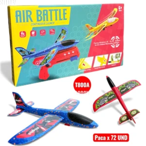 Avión de espuma azul con estampado de dinosaurio, junto a su caja de cartón que muestra el modelo T800A y una pistola de carga rápida roja. Incluye dos variantes de color: azul y rojo.