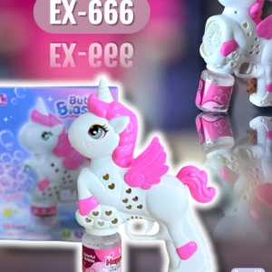Burbujero automático unicornio blanco con detalles rosas, alas y cuerno, incluye botella de líquido y caja de presentación.