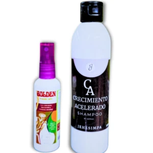 Set de dos champús: botella grande blanca con etiqueta negra y texto "Crecimiento Acelerado Shampoo" y spray pequeño blanco con tapa morada y etiqueta "Bolden".