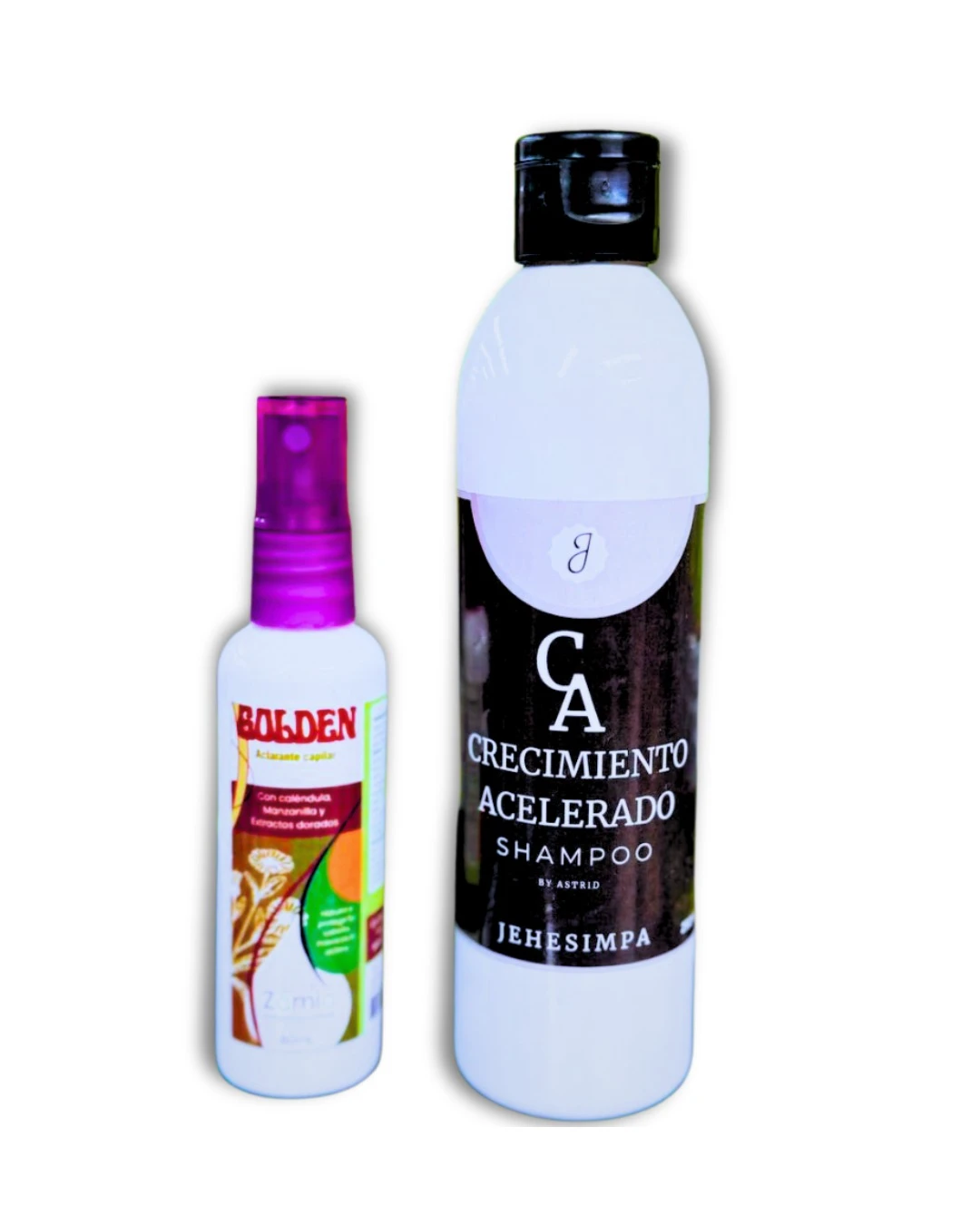 Set de dos botellas de champú: una pequeña con spray morado y otra grande blanca con etiqueta negra, ambas para crecimiento acelerado del cabello.