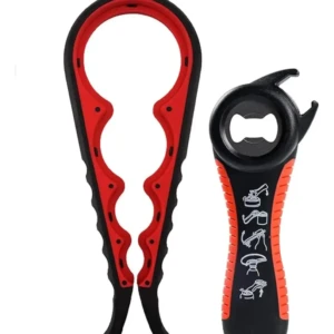 Destapador multifuncional en dos piezas: pinza de apertura de frascos y destapador de botellas con mango ergonómico, ambos en negro y naranja.