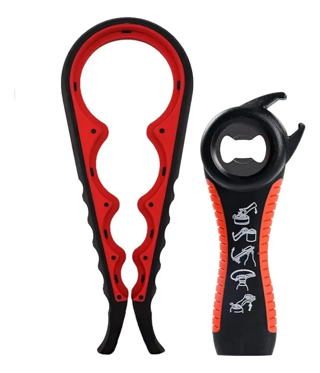 Destapador multifuncional en dos piezas: pinza de apertura de frascos y destapador de botellas con mango ergonómico, ambos en negro y naranja.