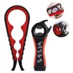 Destapador multifuncional en color rojo y negro, con mango ergonómico y detalles de textura antideslizante. Incluye botella de apertura y accesorios para abrir frascos apretados.