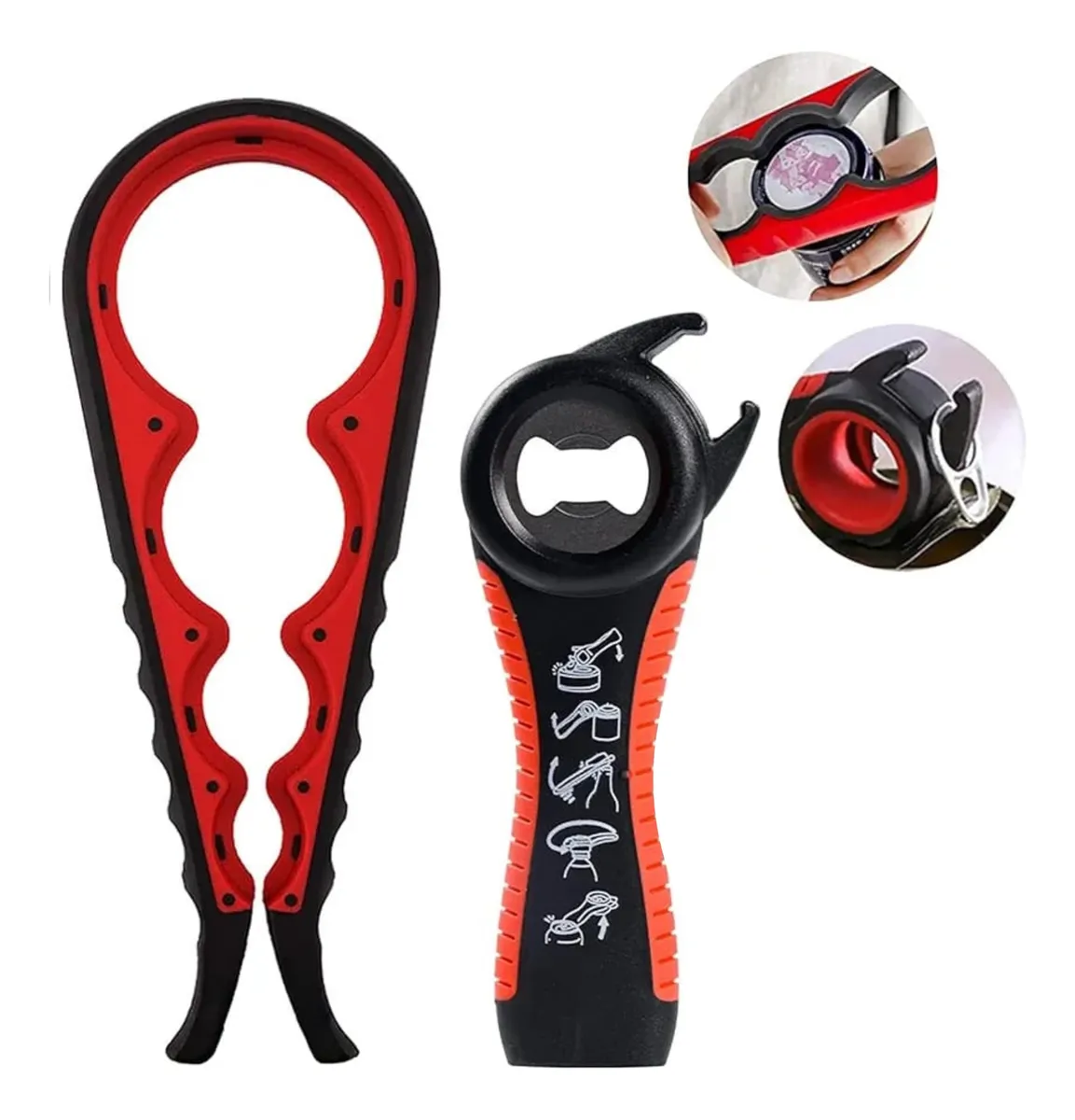 Destapador multifuncional en color rojo y negro, con mango ergonómico y detalles de textura antideslizante. Incluye botella de apertura y accesorios para abrir frascos apretados.
