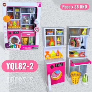 Juego de lavandería infantil con lavadora rosa, secadora, estante y accesorios, ideal para niñas, incluye temporizador y cesta amarilla.