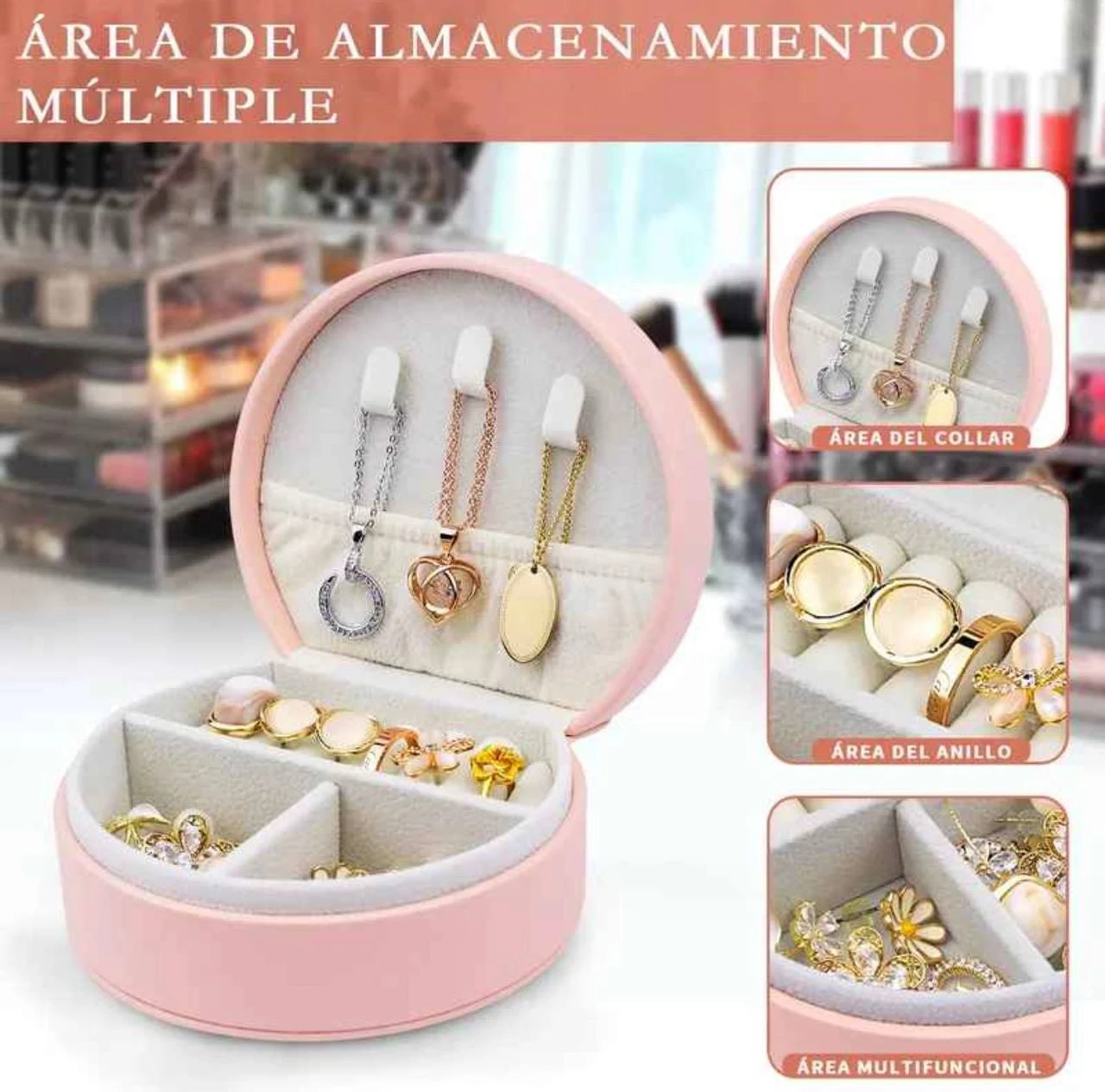 Joyero circular rosa con compartimentos para collares, anillos y pendientes; tapa interior con ganchos y base dividida en secciones organizadoras.