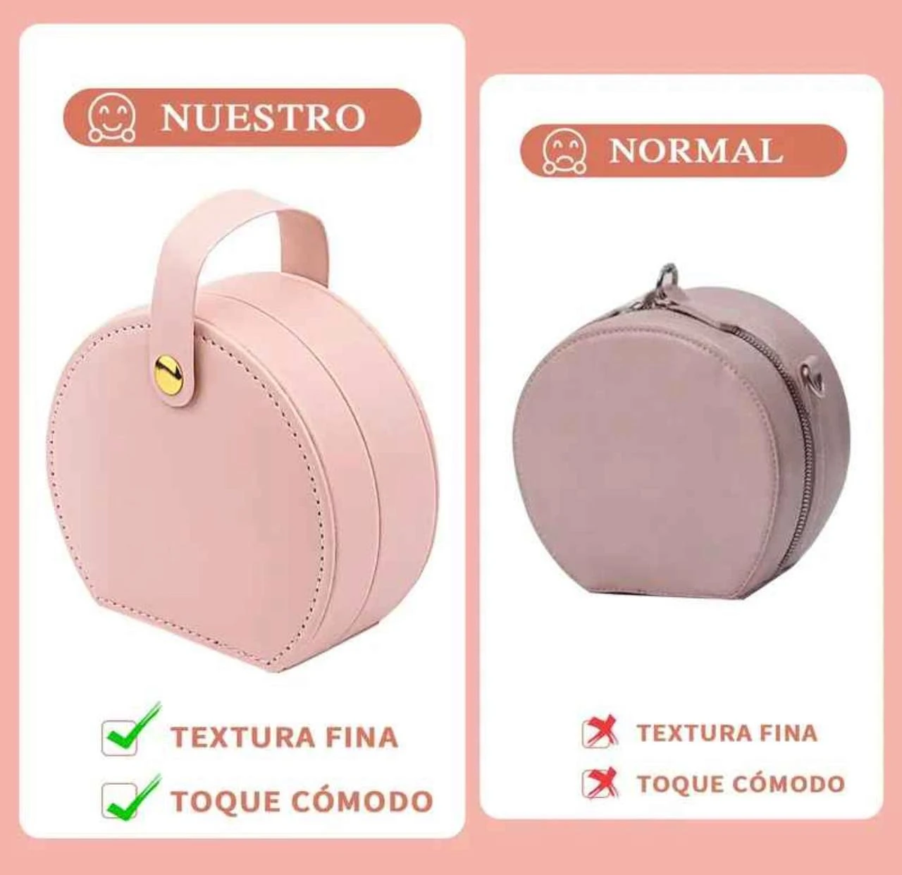 Comparación de joyeros circulares: modelo con asa y textura fina versus versión normal con cremallera, ambos en tono rosa pálido.
