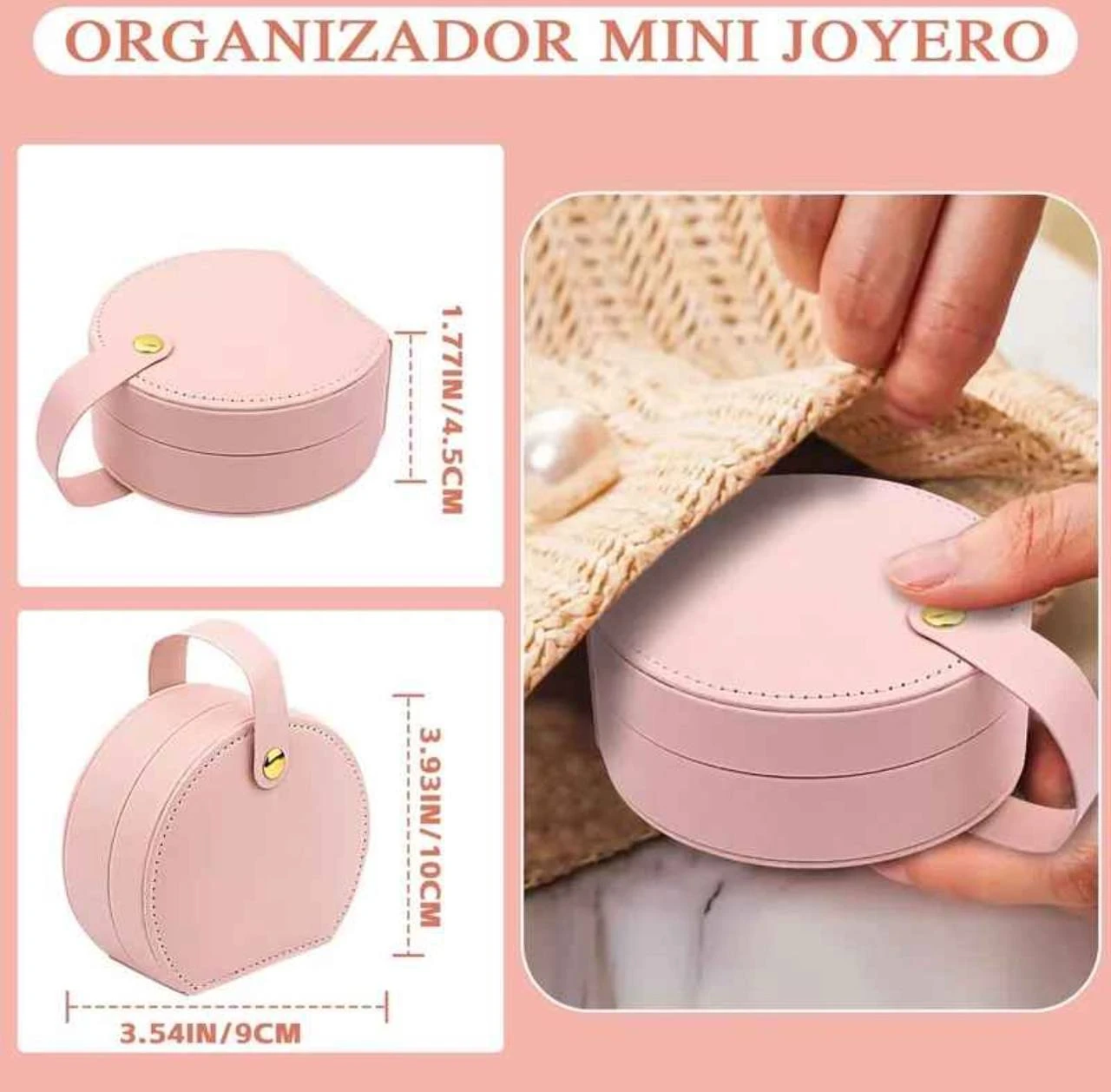 Joyero circular rosa con asa, medidas 9 cm de diámetro y 10 cm de altura, ideal para organizar collares y accesorios sin enredos.
