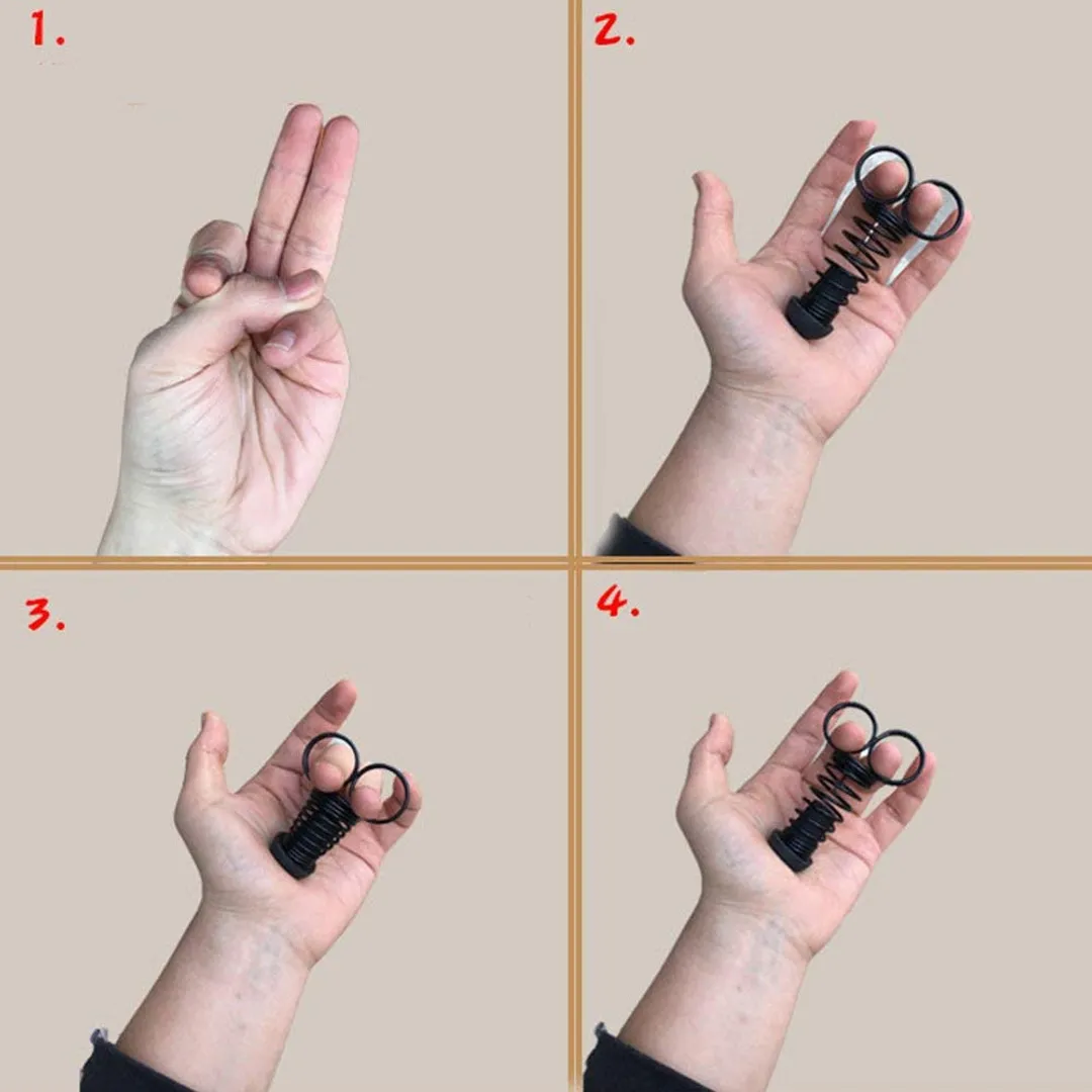Cuatro manos mostrando resorte para dedos negro con anillos, en uso para entrenamiento de fuerza y destreza manual.