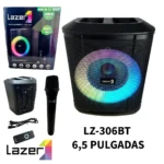Parlante portátil Lazer LZ-306BT de 6,5 pulgadas con luces LED multicolor, micrófono inalámbrico, control remoto y caja de presentación.